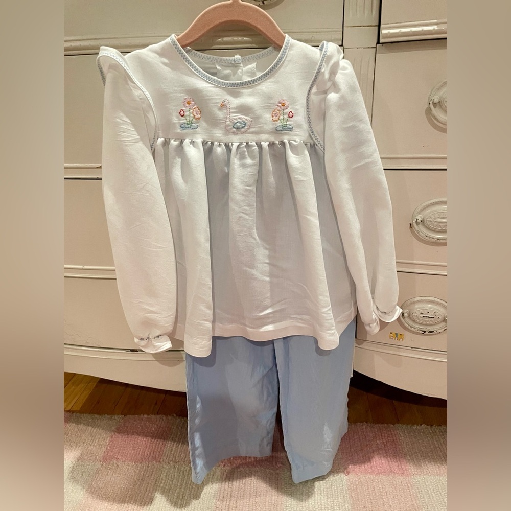 EUC Little English White and Light Blue Embroidered Pant Set